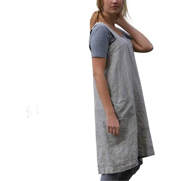 Women's Pinafore Apron Cross Back Apron with Pockets Cotton Linen Apron Dress Pl - Picture 3 of 6